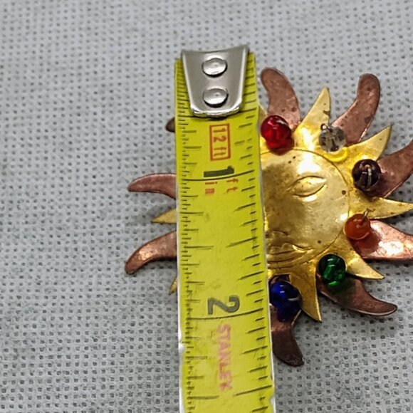Handmade Mixed Metal Sun Face Brooch With Multicolor Beads - Picture 3 of 4